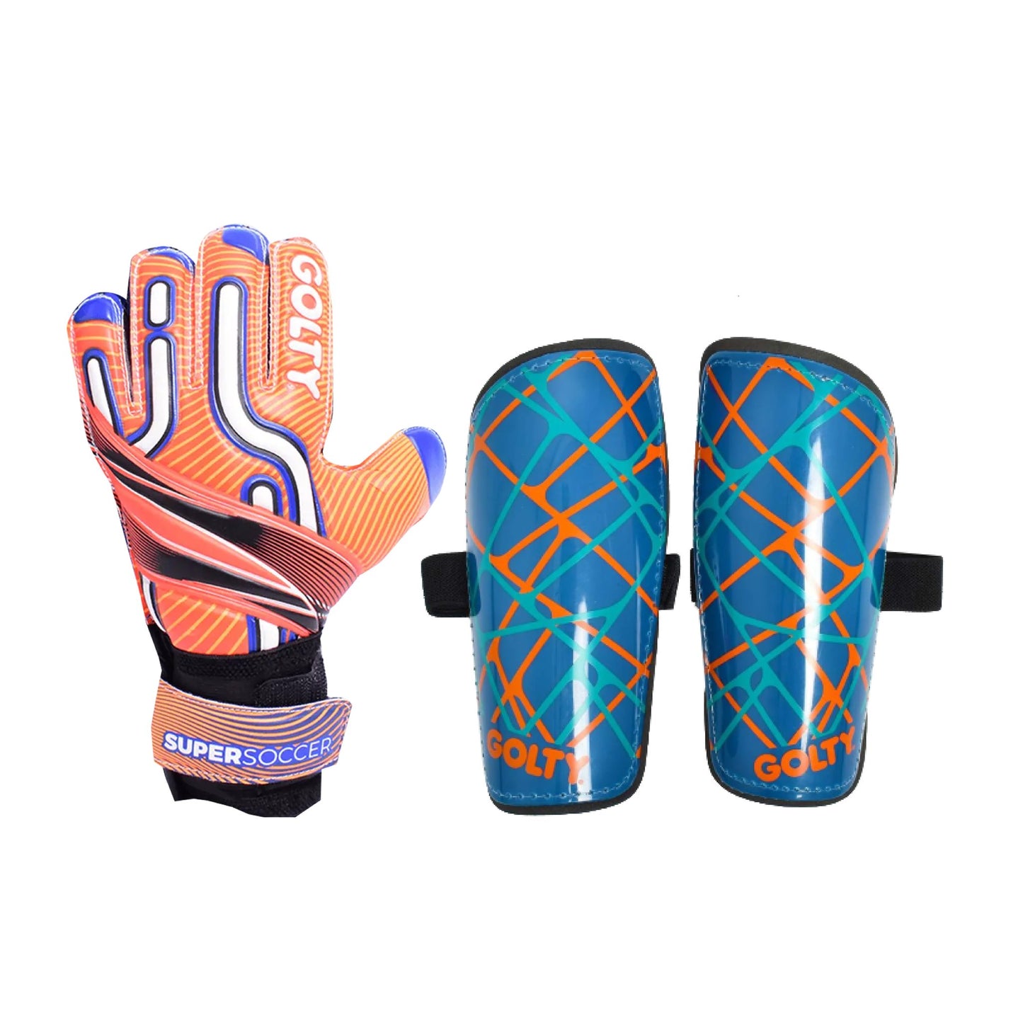 Pack niños: Guantes Supersoccer Naranja + Canilleras Star Azul