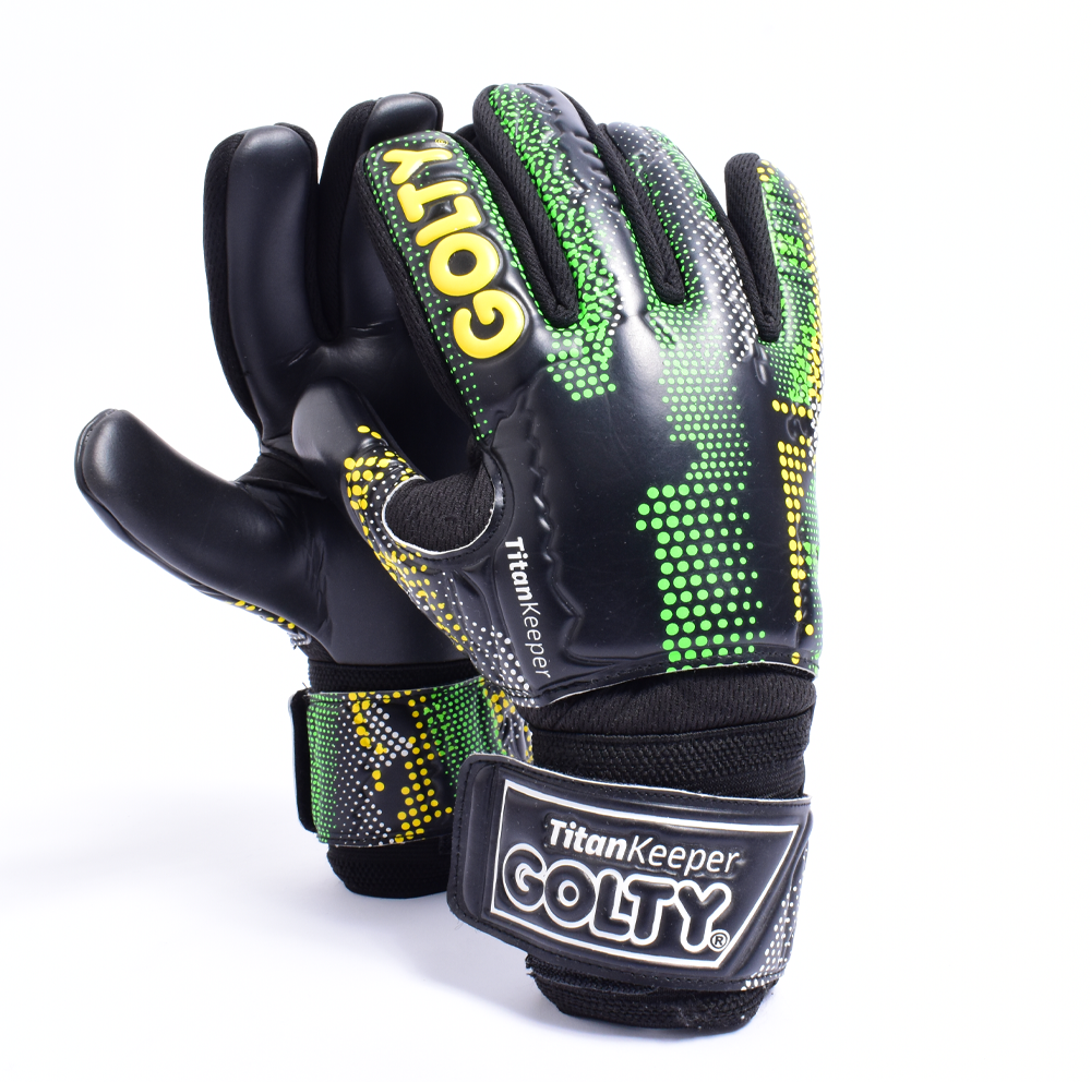 Balón Origen + Canillera Puntos Amarillo + Guante TitanKeeper Negro