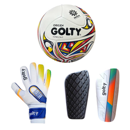 Balón Origen + Canillera Latir Blanco + Guante Latir Hypertaster Blanco
