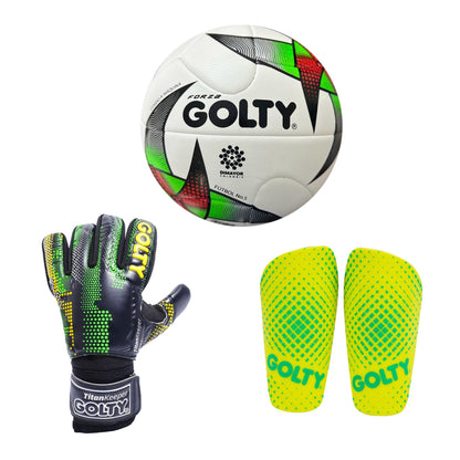 Balón Origen + Canillera Puntos Amarillo + Guante TitanKeeper Negro