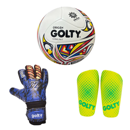 Balón Origen + Canillera Puntos Amarillo + Guante Hyper Faster Azul