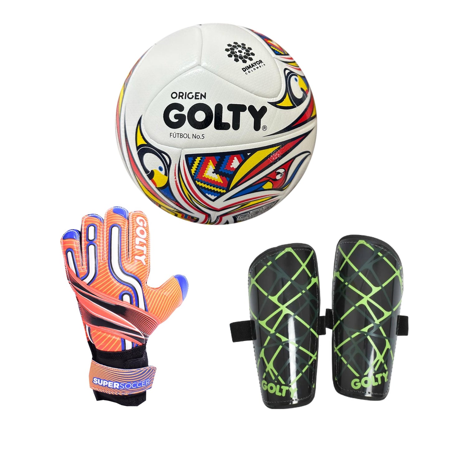 Balón Origen + Canillera Star Negro + Guante SuperSoccer Naranja