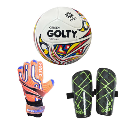 Balón Origen + Canillera Star Negro + Guante SuperSoccer Naranja