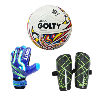 Balón Origen + Canillera Star Negro + Guante SuperSoccer Azul