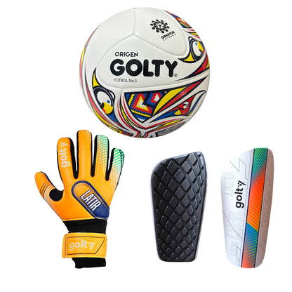 Balón Origen + Canillera Latir Blanco + Guante Latir Hypertaster Naranja