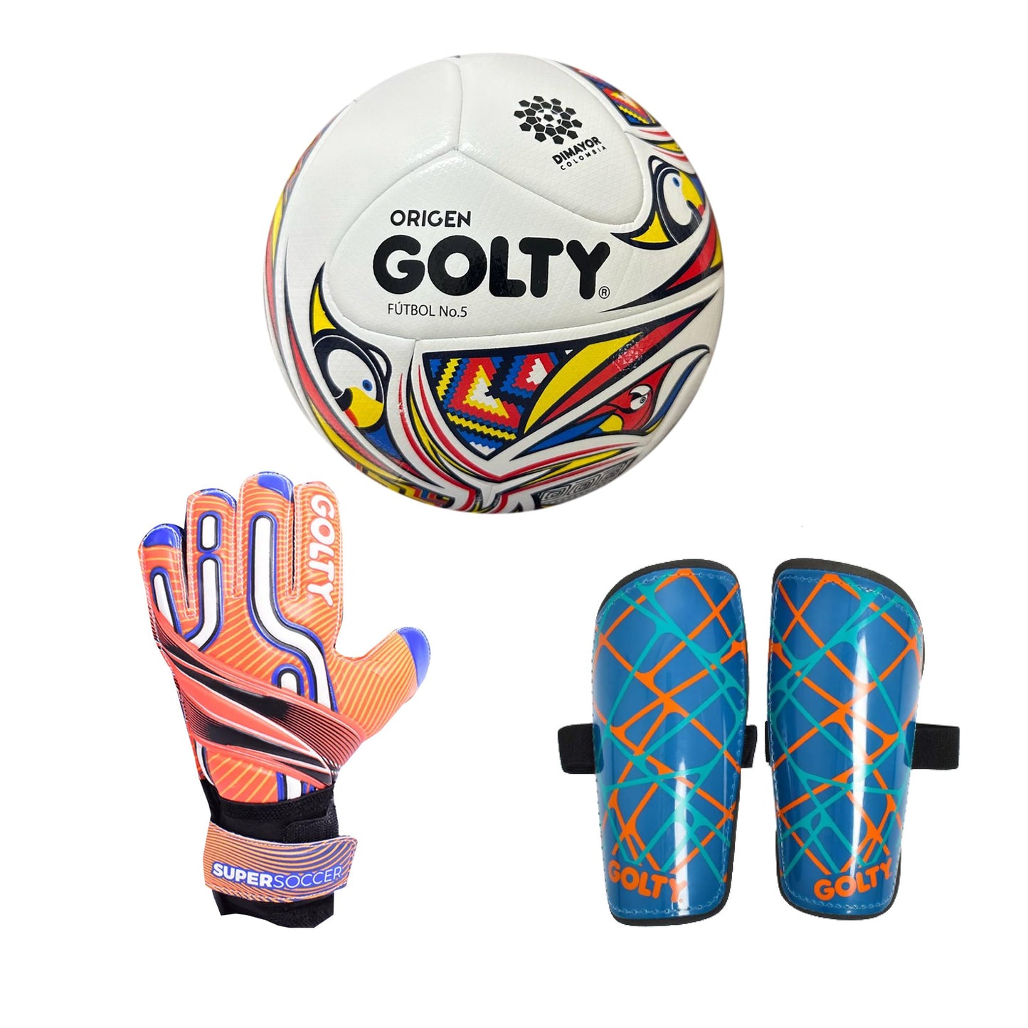 Balón Origen + Canillera Star Azul + Guante SuperSoccer Naranja