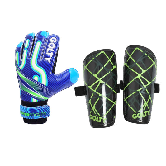 Pack niños: Guantes Supersoccer Azul + Canilleras Star Negro