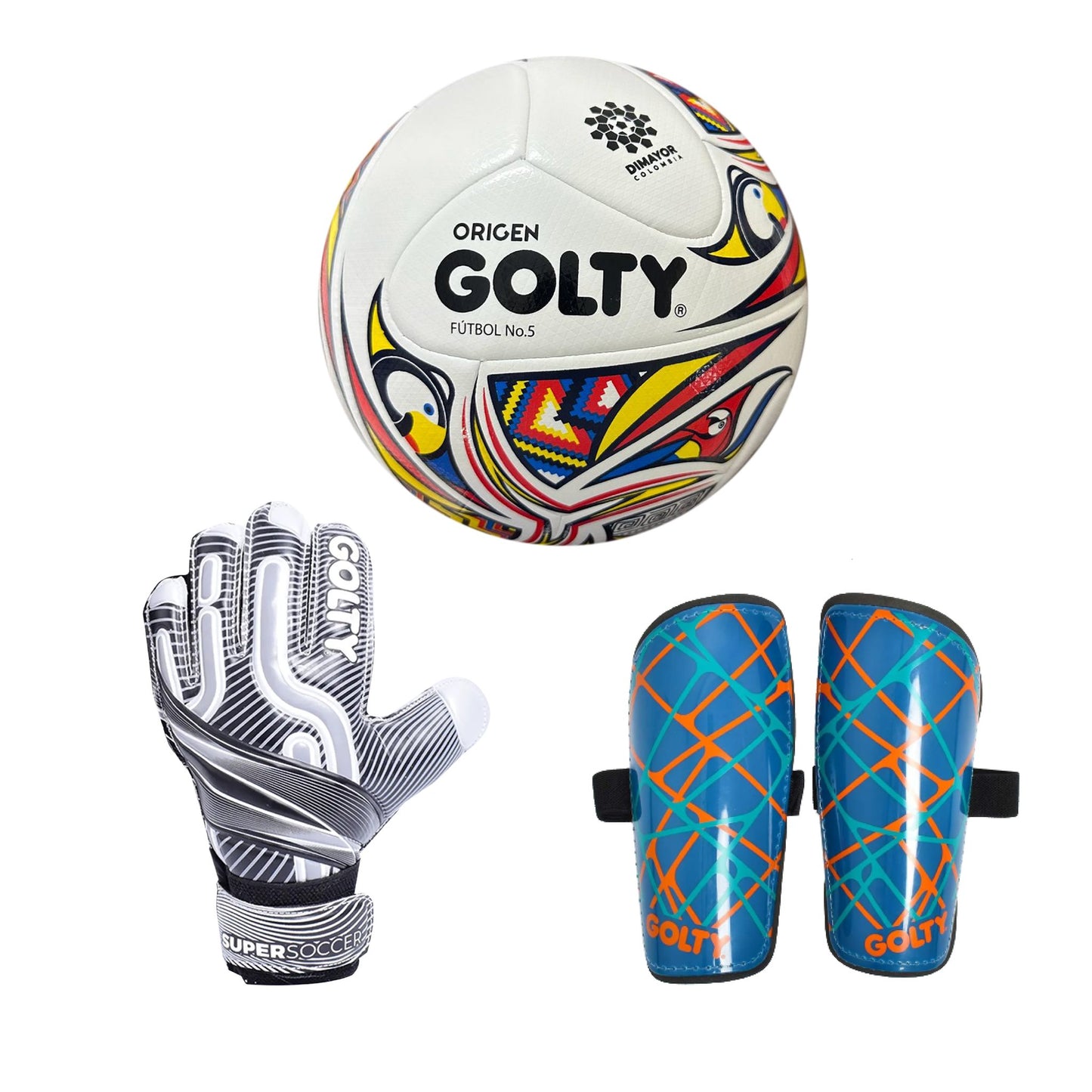 Balón Origen + Canillera Star Azul + Guante SuperSoccer Gris