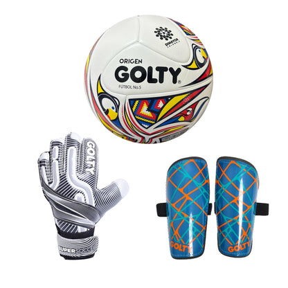 Balón Origen + Canillera Star Azul + Guante SuperSoccer Gris