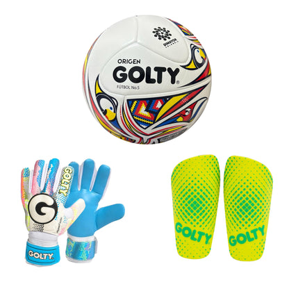Balón Origen + Canillera Puntos Amarillo + Guante Hyper Faster Blanco