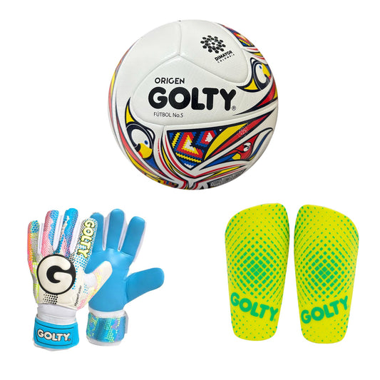 Balón Origen + Canillera Puntos Amarillo + Guante Hyper Faster Blanco