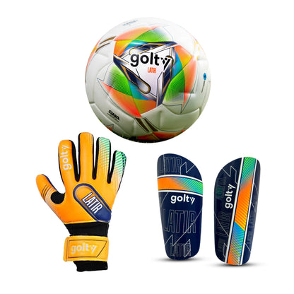 Balón Latir Profesional + Canillera Latir Azul + Guante Hyperfaster Latir Naranja