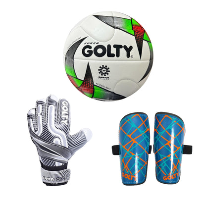 Balón Forza + Canillera Star Negro + Guante SuperSoccer Gris
