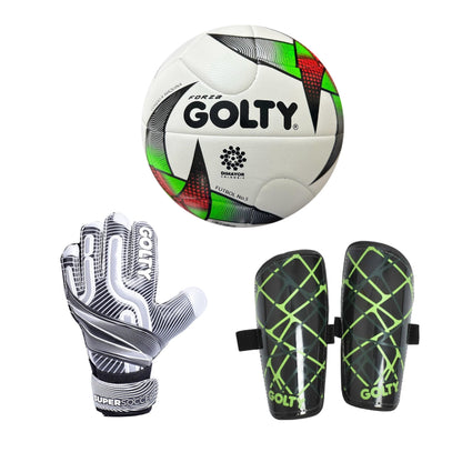 Balón Forza + Canillera Star Negro + Guante SuperSoccer Gris