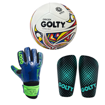Balón Origen + Canillera Puntos Negro + Guante TitanKeeper Azul
