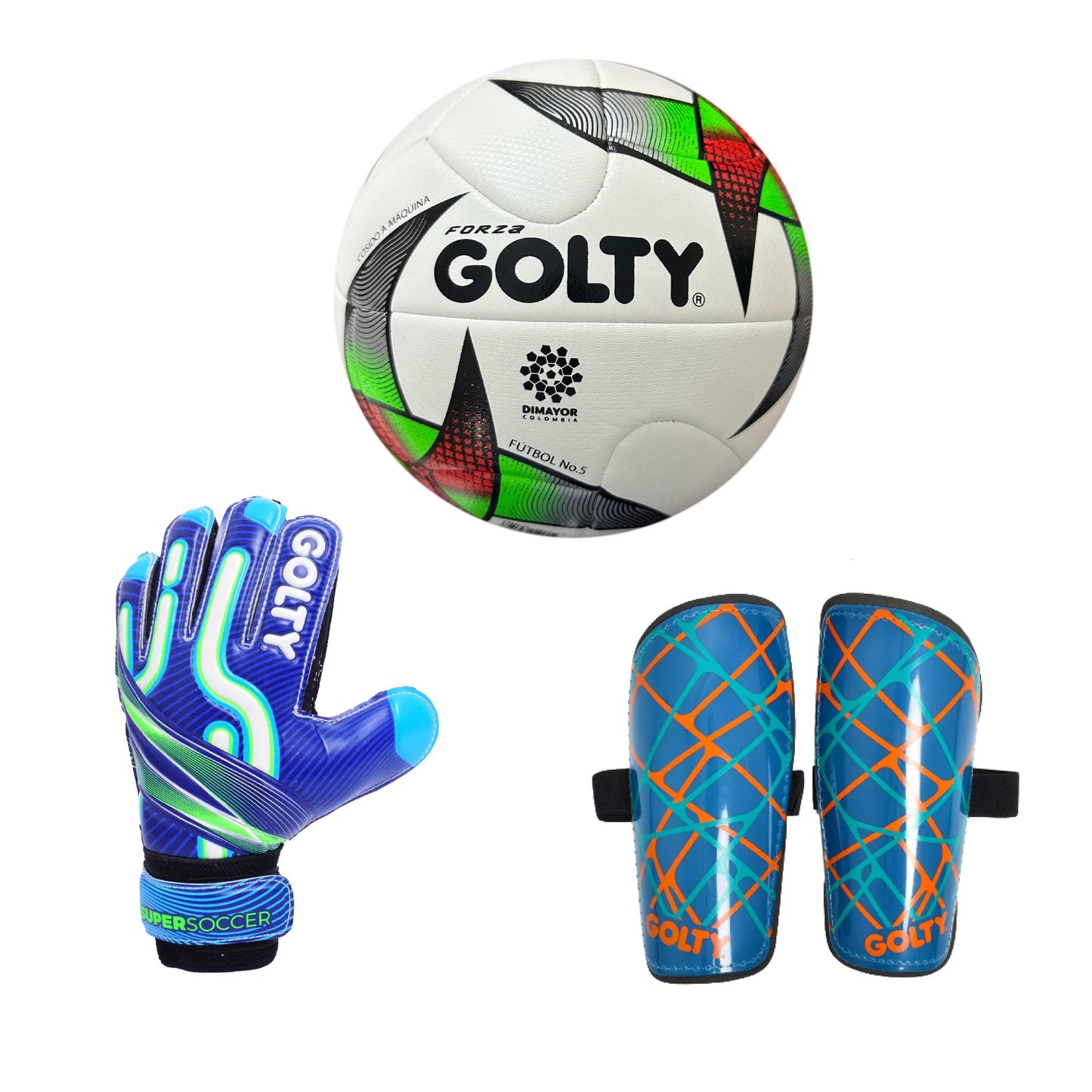 Balón Forza + Canillera Star Azul + Guante SuperSoccer Azul