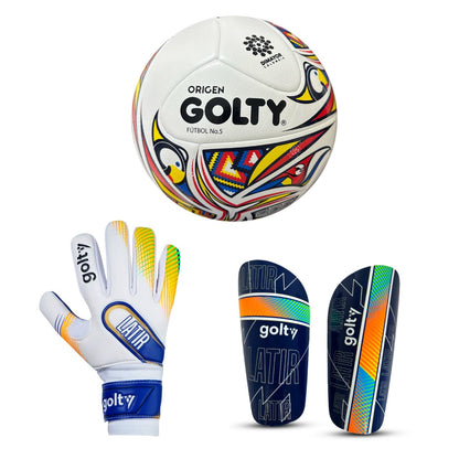 Balón Origen + Canillera Latir Azul + Guante Latir Hypertaster Blanco