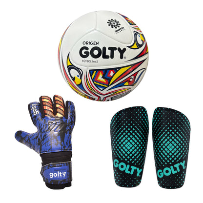 Balón Origen + Canillera Puntos Negro + Guante Hyper Faster Azul