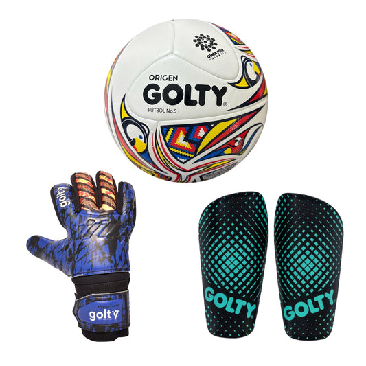 Balón Origen + Canillera Puntos Negro + Guante Hyper Faster Azul