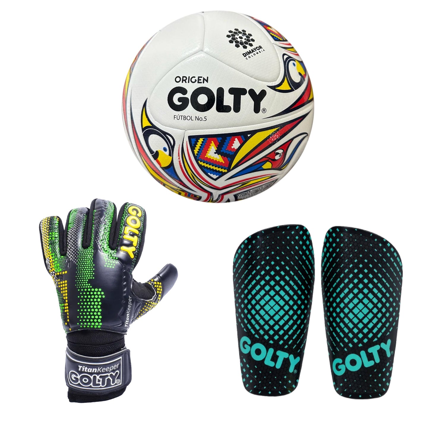 Balón Origen + Canillera Puntos Negro + Guante TitanKeeper Negro