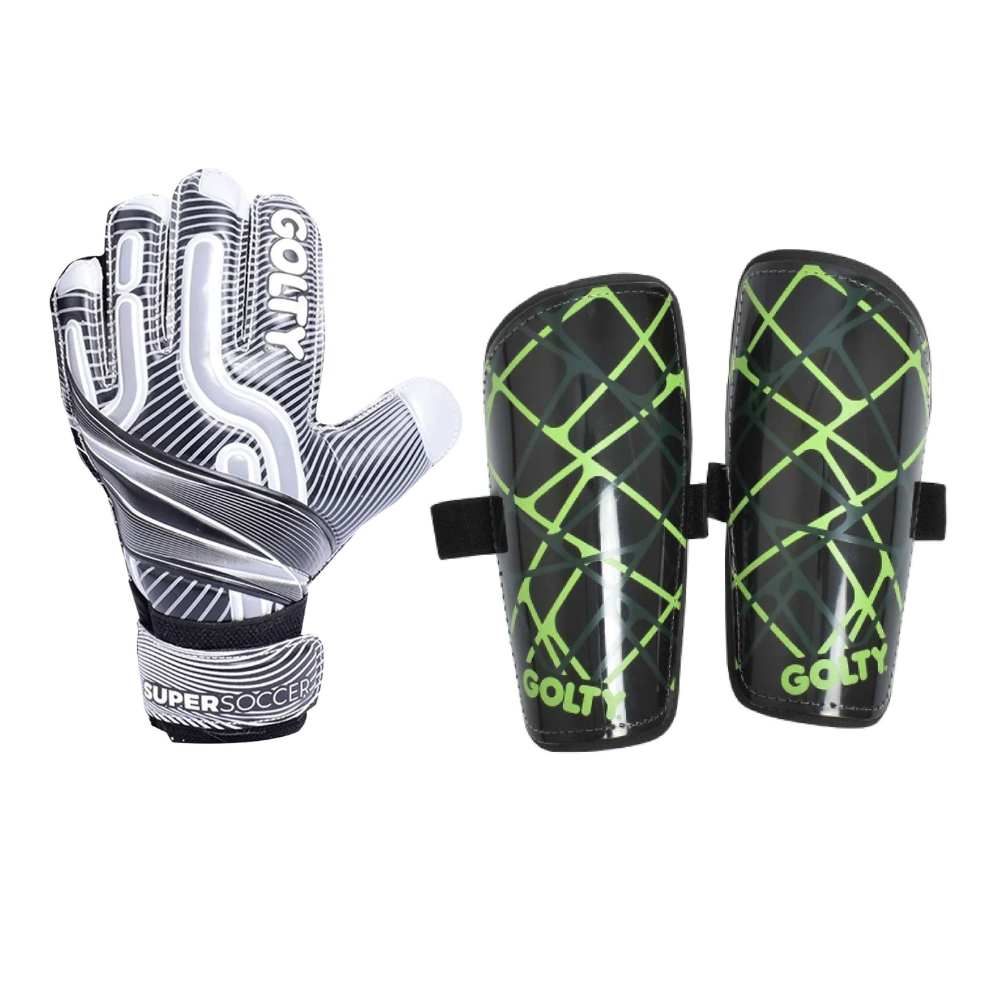 Pack niños: Guantes Supersoccer Gris + Canilleras Star Negro