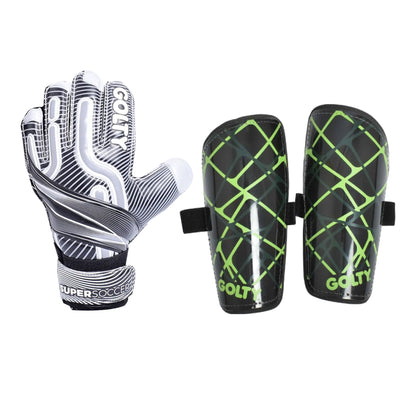 Pack niños: Guantes Supersoccer Gris + Canilleras Star Negro