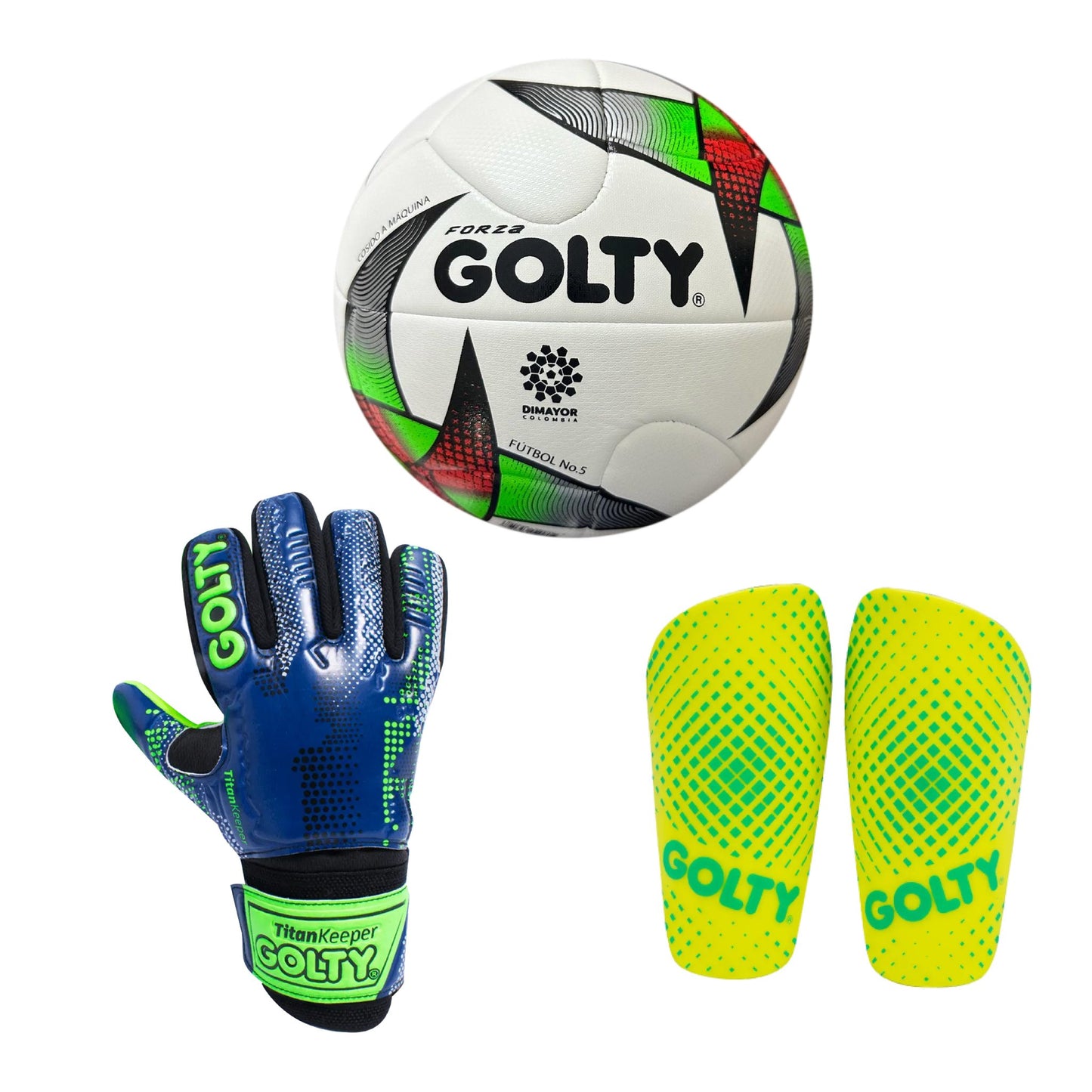 Balón Origen + Canillera Puntos Amarillo + Guante TitanKeeper Azul