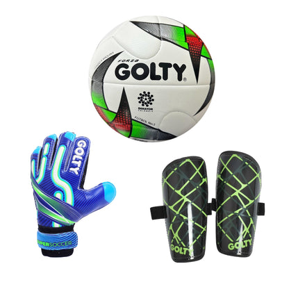 Balón Forza + Canillera Star Negro + Guante SuperSoccer Azul