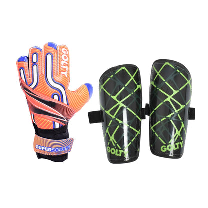 Pack niños: Guantes Supersoccer Naranja + Canilleras Star Negro