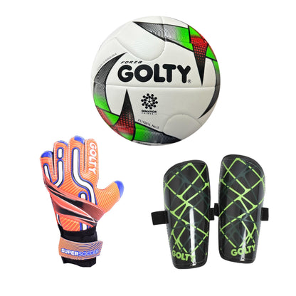 Balón Forza + Canillera Star Negro + Guante SuperSoccer Naranja
