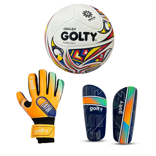 Balón Origen + Canillera Latir Azul + Guante Latir Hypertaster Naranja