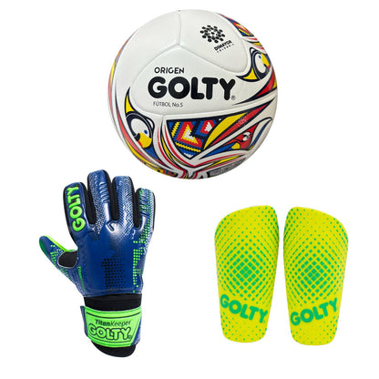 Balón Origen + Canillera Puntos Amarillo + Guante TitanKeeper Azul