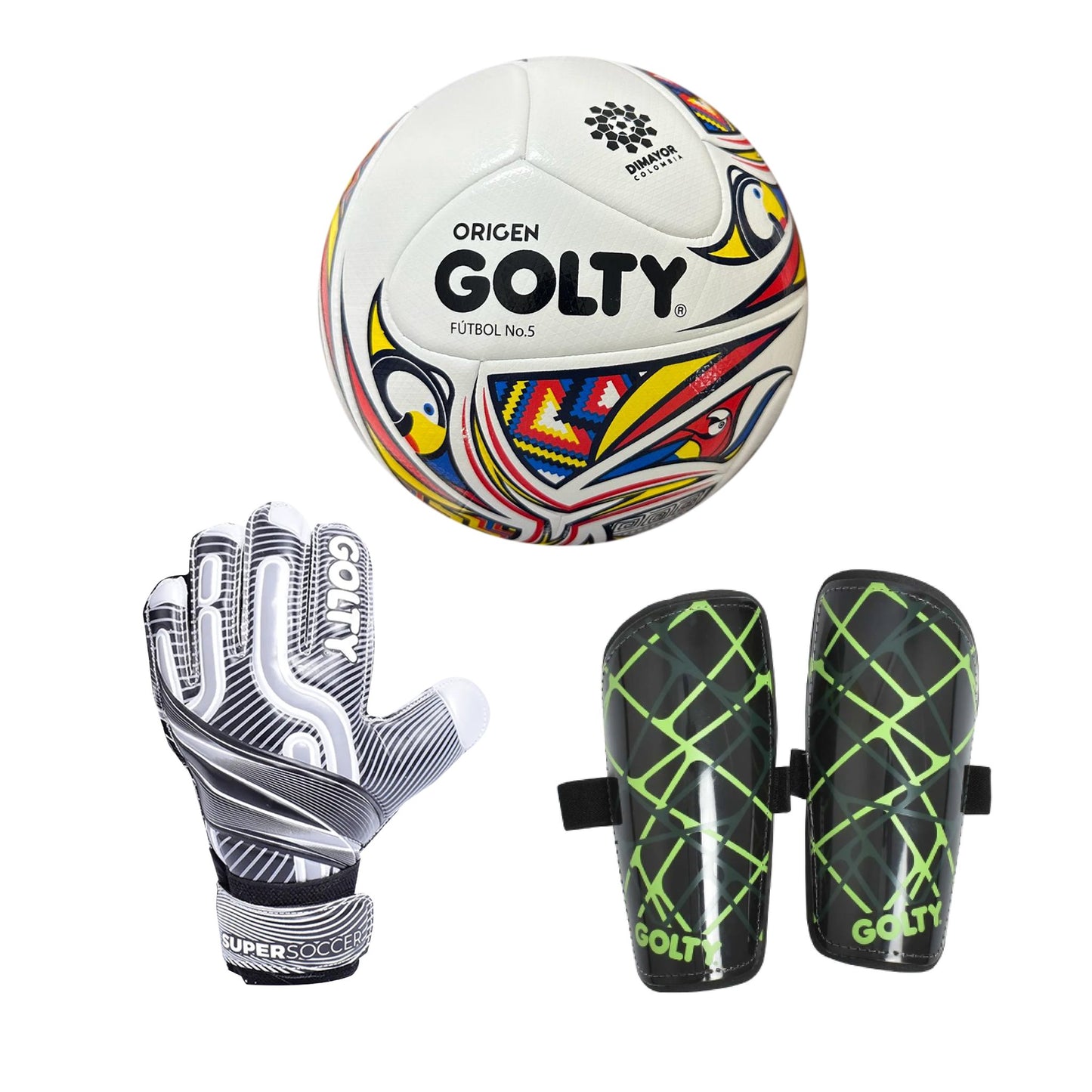 Balón Origen + Canillera Star Negro + Guante SuperSoccer Gris