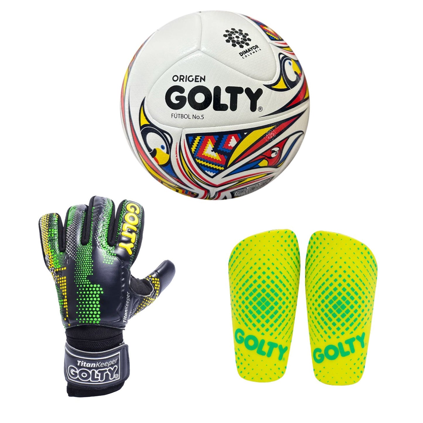 Balón Origen + Canillera Puntos Amarillo + Guante TitanKeeper Negro