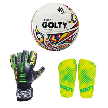 Balón Origen + Canillera Puntos Amarillo + Guante TitanKeeper Negro