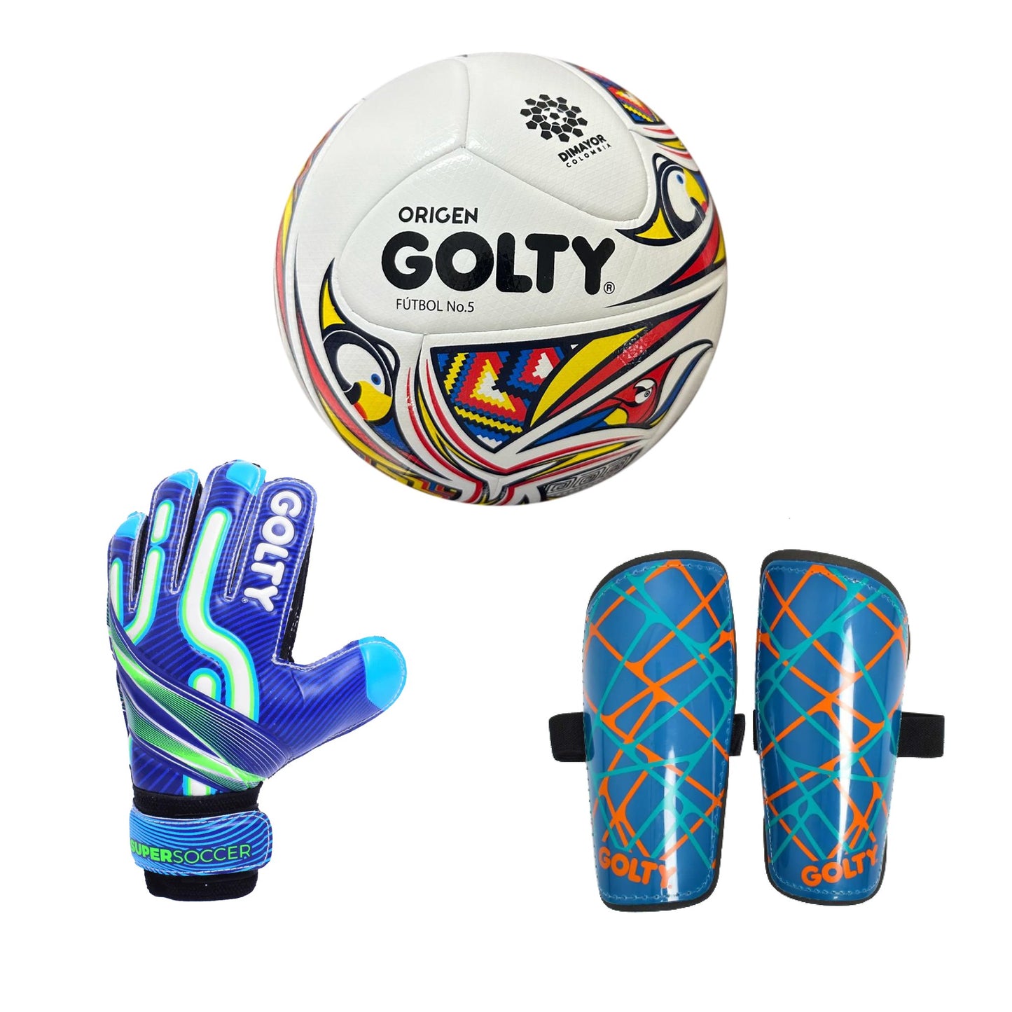 Balón Origen + Canillera Star Azul + Guante SuperSoccer Azul