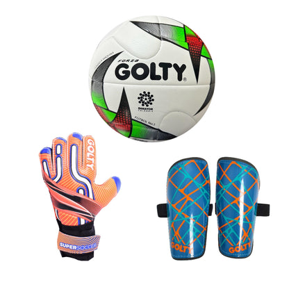 Balón Forza + Canillera Star Azul + Guante SuperSoccer Naranja